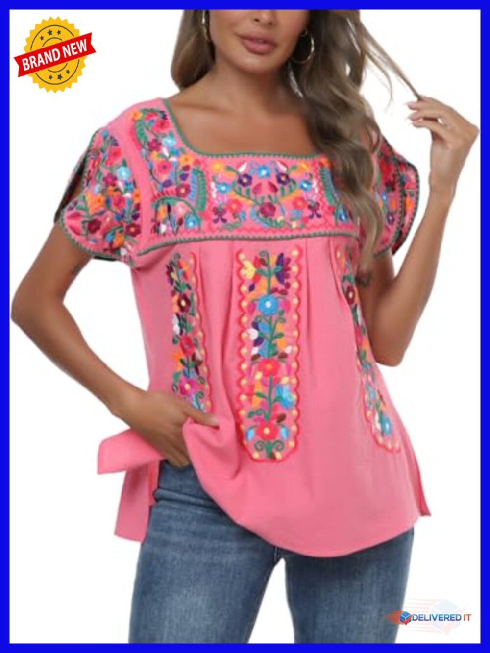 Women's Cotton Embroidered Peasant Tunic Blouse Boho Mexican Top Crew Neck